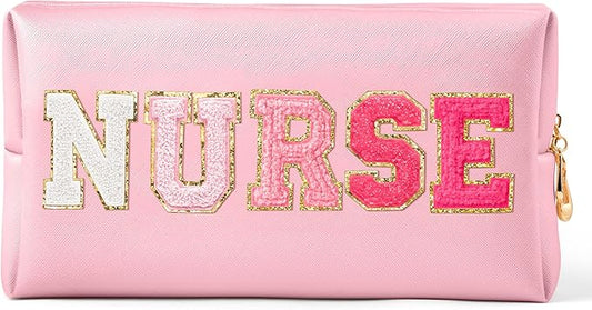 CY2SIDE NURSE Letter Makeup Bag - Gradient Pink Chenille Letter Patch Cosmetic Bag Pink PU Leather Patch Travel Pouch Waterproof Portable Zipper Travel Organizer Case Xmas Gifts for Nurse Women