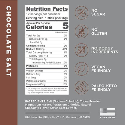 LMNT Zero Sugar Hot Chocolate or Coffee Mixer - Chocolate Salt | Drink Mix | 12-Count