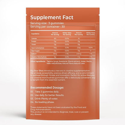 Creatine Monohydrate Gummies for Men & Women | 5000mg of Creatine Gummies per Serving | Sugar Free Gummies, Gluten Free & Halal | Pack of 90 Pre Workout Gummies for Muscle Recovery | Peach Flavor