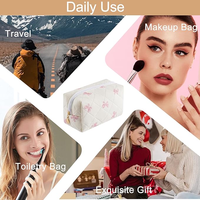Quilted Cotton Makeup Bag Travel Cosmetic Bag for Women Girls, Zipper Make Up Pouch, Bow Pattern Toiletry Organizer Makeup, Portable Storage Bag (Pink Bow Tie)