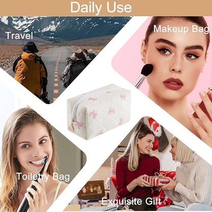 Quilted Cotton Makeup Bag Travel Cosmetic Bag for Women Girls, Zipper Make Up Pouch, Bow Pattern Toiletry Organizer Makeup, Portable Storage Bag (Pink Bow Tie)