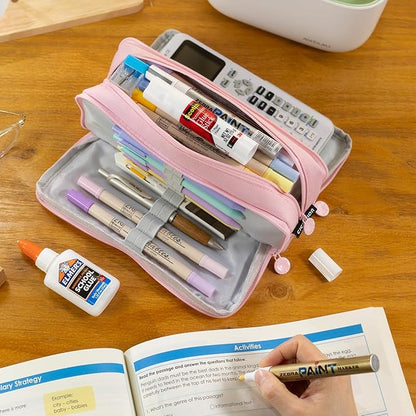 CICIMELON Big Capacity Pencil Case 3 Compartments Pen Pouch Bag Multifunctional Organizer for School Office, Rose Pink