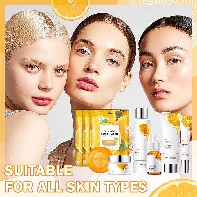 9 Pcs Travel Size Skin Care Set With Toner, Eye Cream, Facial Cleanser, Cream, Serum, Soap, Orange Masks, Hydrating Wash - Skincare Kit for All Skin Types
