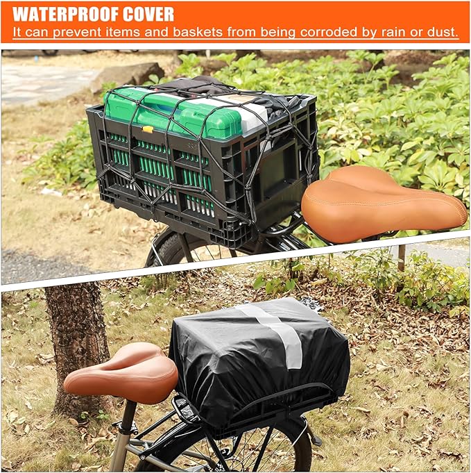 Bike Foldable Rear Basket, Rear Bicycle Cargo Rack, Ebike Storage Rear Basket with Large Capacity, Cargo Net and Rainproof Cover, Easy to Install. Resistant to Heat & Corrosion