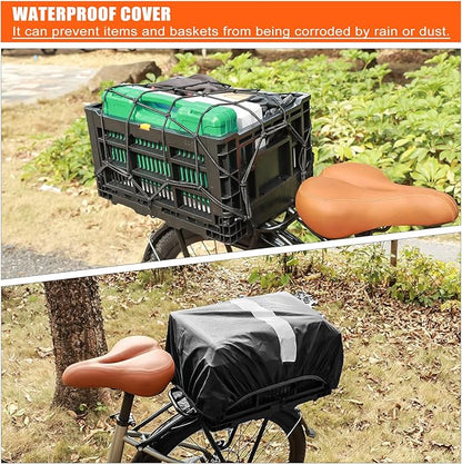 Bike Foldable Rear Basket, Rear Bicycle Cargo Rack, Ebike Storage Rear Basket with Large Capacity, Cargo Net and Rainproof Cover, Easy to Install. Resistant to Heat & Corrosion