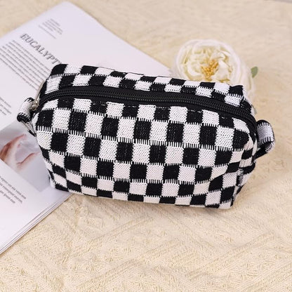 Small Cute Checkered Makeup Bag - Portable Cosmetic Pouch with Zipper, Travel Toiletry Bag, Purse Organizer, Beauty Storage, Black