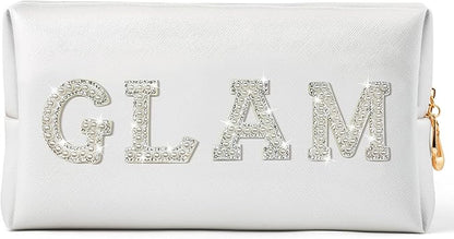 CY2SIDE Glam Letter Makeup Bag - White GLAM Pearl Rhinestone Letter Patch Cosmetic Pouch Shell Gold PU Leather Patch Big Bag Waterproof Portable Zipper Travel Organizer for Wedding Bride Birthday Gift