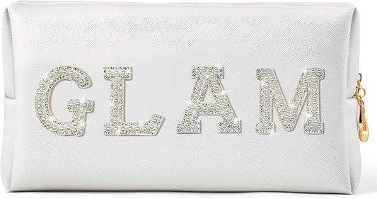 CY2SIDE Glam Letter Makeup Bag - White GLAM Pearl Rhinestone Letter Patch Cosmetic Pouch Shell Gold PU Leather Patch Big Bag Waterproof Portable Zipper Travel Organizer for Wedding Bride Birthday Gift