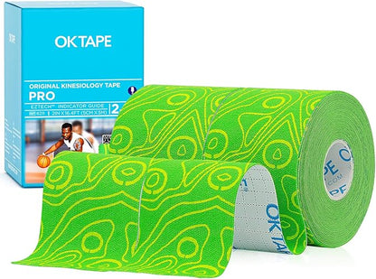 OK TAPE PRO Kinesiology Tape, 2inch x Long Roll 16ft Free Cut Tape, Elastic Athletic Tape Therapeutic Latex Free, 2 Rolls Yellow+Green