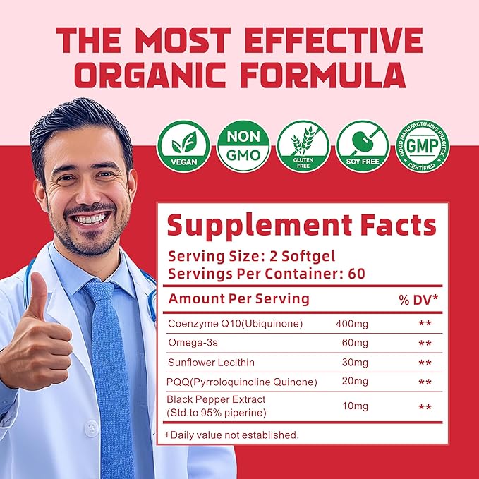 CoQ10-400mg-Softgels with PQQ, BioPerine & Omega-3, Coenzyme Q10(Ubiquinone) Supplement for High-Absorption, Powerful-Antioxidant, Support Heart & Energy-Production, 120 Servings.