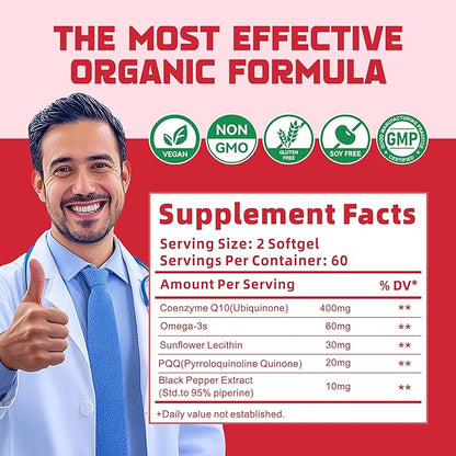 CoQ10-400mg-Softgels with PQQ, BioPerine & Omega-3, Coenzyme Q10(Ubiquinone) Supplement for High-Absorption, Powerful-Antioxidant, Support Heart & Energy-Production, 120 Servings.