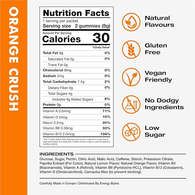 Energy Bytes Caffeine Gummies | Instant Energy Chews for Running, Cycling and Sports Performance | Vegan, Low Sugar | Orange Crush (12-Pack)