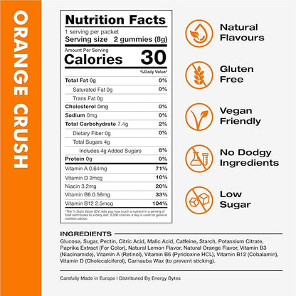 Energy Bytes Caffeine Gummies | Instant Energy Chews for Running, Cycling and Sports Performance | Vegan, Low Sugar | Orange Crush (12-Pack)