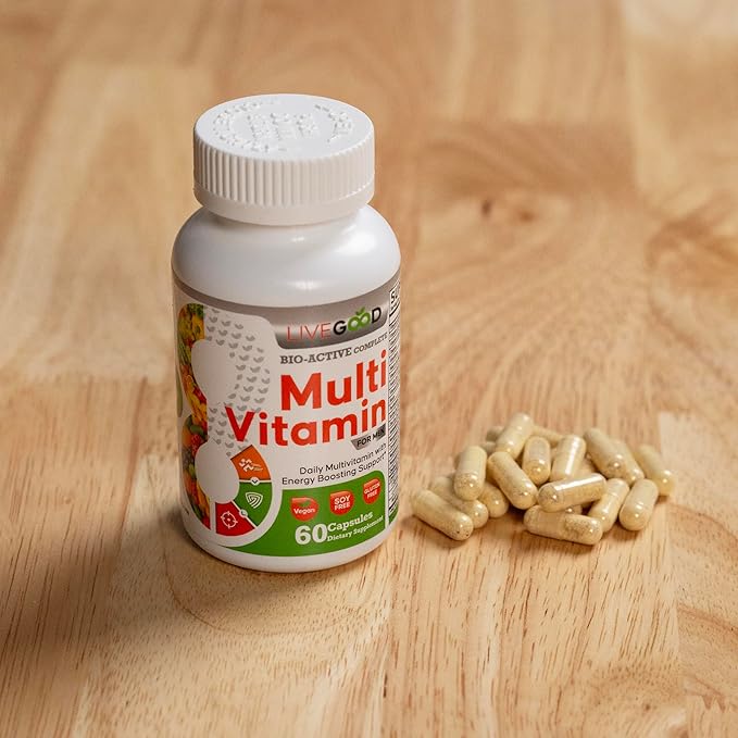 LiveGood™ Men's Bio-Active Complete Multivitamin, Daily Supplement with Vitamin A, B12, C, E, Lycopene, Vegan, 60 Capsules