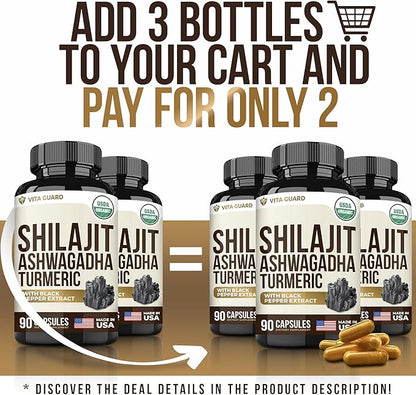 Himalayan Shilajit with Turmeric Curcumin & Ashwagandha - 1610mg High Potency Vegan Capsules, Fulvic Acid, 95% Curcuminoids for Joint Support, Mood Enhancement, Immune Boost, 90 Count