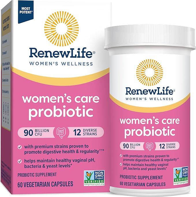 Renew Life Women's Probiotic Capsules, Supports pH Balance for Women, Vaginal, Urinary, Digestive and Immune Health, L. Rhamnosus GG, Dairy, Soy and Gluten-Free, 90 Billion CFU - 60 Ct