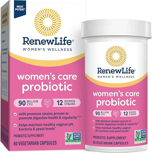 Renew Life Women's Probiotic Capsules, Supports pH Balance for Women, Vaginal, Urinary, Digestive and Immune Health, L. Rhamnosus GG, Dairy, Soy and Gluten-Free, 90 Billion CFU - 60 Ct