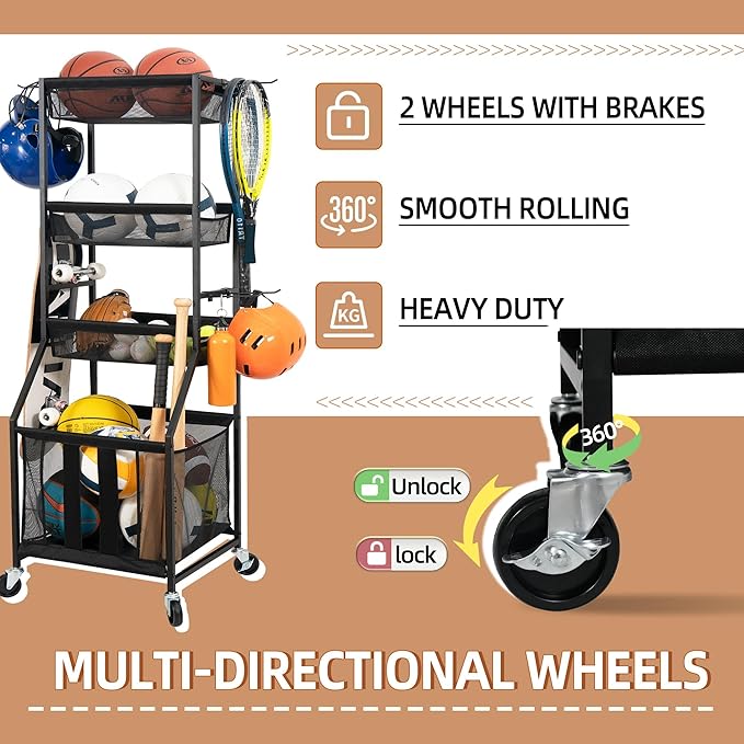 STORAGE MANIAC Ball Storage Bin Rolling Sports Ball Cart, Metal Garage Organizer Sport Rack Basketball Storage Cage for Garage or Gym, Indoor & Outdoor Sports Equipment Organizer