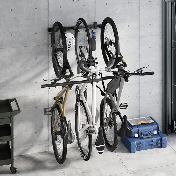 monTEK Enhanced Bike Storage Rack, Adjustable 3-Bike and 2-Helmet Hangers for Indoor Bike Storage, Customizable for Various Bike Sizes, Heavy-Duty Steel Bike Wall Mount, Max Load 209lbs, 32-in