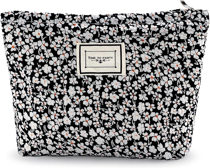 Flower Makeup Bag Travel Large Cosmetic Bag for Women Cute Cotton Makeup Pouch Zipper Cosmetic Pouch for Purse Aesthetic Black Floral Make up Organizer Bag Portable Toiletry Bags