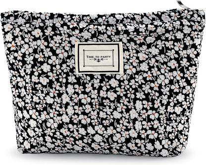 Flower Makeup Bag Travel Large Cosmetic Bag for Women Cute Cotton Makeup Pouch Zipper Cosmetic Pouch for Purse Aesthetic Black Floral Make up Organizer Bag Portable Toiletry Bags
