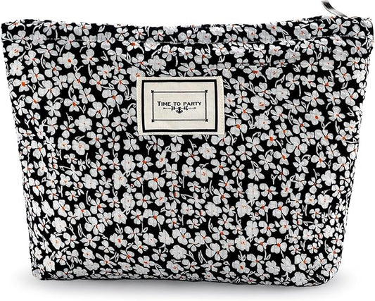 Flower Makeup Bag Travel Large Cosmetic Bag for Women Cute Cotton Makeup Pouch Zipper Cosmetic Pouch for Purse Aesthetic Black Floral Make up Organizer Bag Portable Toiletry Bags