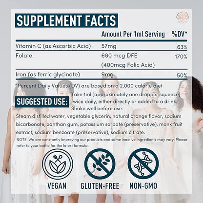 WINDSOR BOTANICALS Liquid Iron Supplements for Anemia - Folic Acid, Vitamin C, Vegan Iron Blood Builder and Anemia Supplement - 2 oz Orange Flavor Gentle Iron Drops for Women
