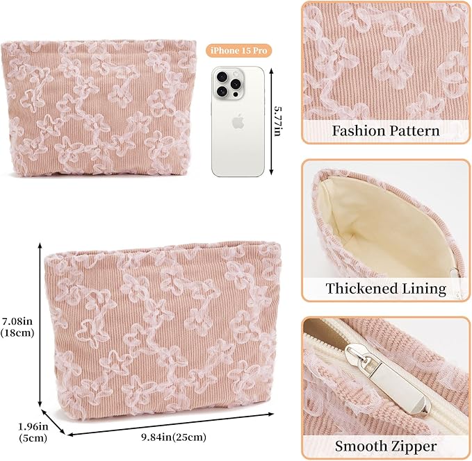 WOZEAH Floral Corduroy Makeup Bag for Purse Small Cosmetic Pouch,Stylish Zipper Make up Pouch Travel Canvas Toiletry Bags(Lace Embroidery 2)