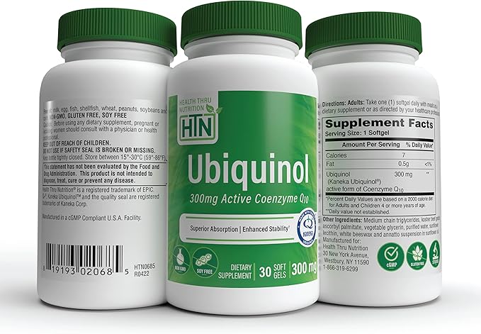 Health Thru Nutrition Ubiquinol 300mg 30 Softgels as Kaneka QH Reduced CoQ-10 | Stabilized - 3rd Party Tested | Enhanced Bioavailability | Cardiovascular & Mitochondria Function Support | Non-GMO