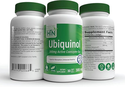 Health Thru Nutrition Ubiquinol 300mg 30 Softgels as Kaneka QH Reduced CoQ-10 | Stabilized - 3rd Party Tested | Enhanced Bioavailability | Cardiovascular & Mitochondria Function Support | Non-GMO