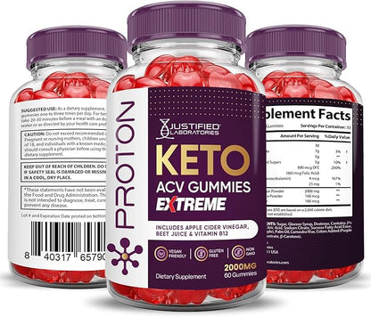 Proton Protein Keto ACV Gummies Extreme 2000MG Proton Keto Gummies Apple Cider Vinegar Formulated with Pomegranate Beet Juice Powder B12 Vegan Non GMO 60 Gummys