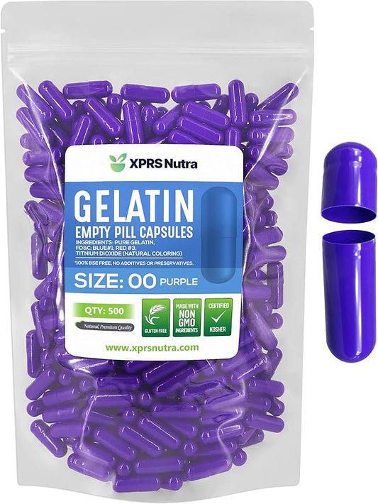 XPRS Nutra Size 00 Empty Capsules - 500 Count Empty Gelatin Capsules - Empty Pill Capsules - DIY Capsule Filling - Fillable Pill Capsules Empty Gel Caps (Purple)