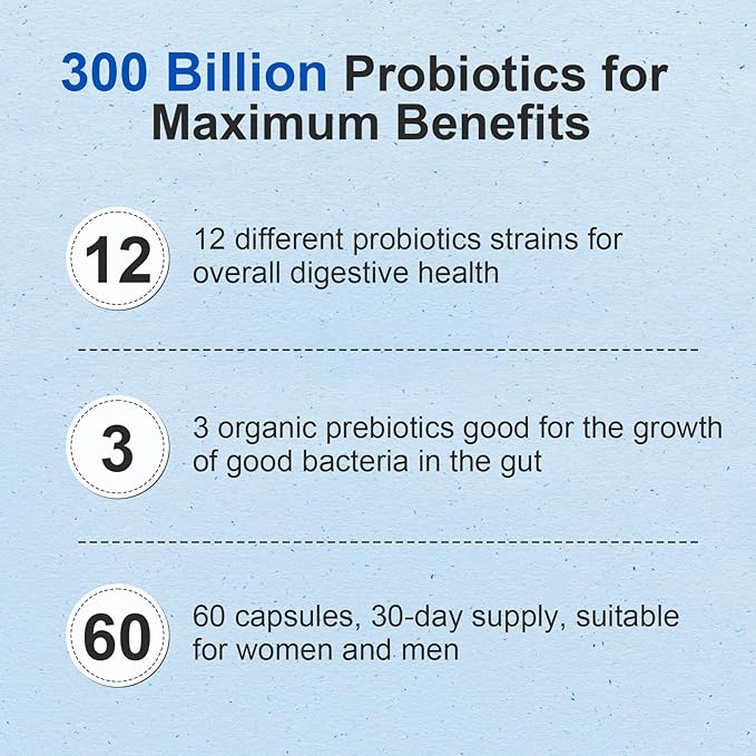 Probiotic 300 Billion CFU - 12 Strains Probiotics with Organic Prebiotics for Digestive & Gut, Immune, Bloating Health - Probiotics for Women and Men - Daily Probiotics Supplement -240 Counts