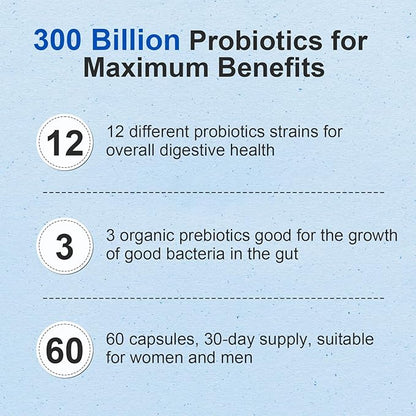 Probiotic 300 Billion CFU - 12 Strains Probiotics with Organic Prebiotics for Digestive & Gut, Immune, Bloating Health - Probiotics for Women and Men - Daily Probiotics Supplement -240 Counts