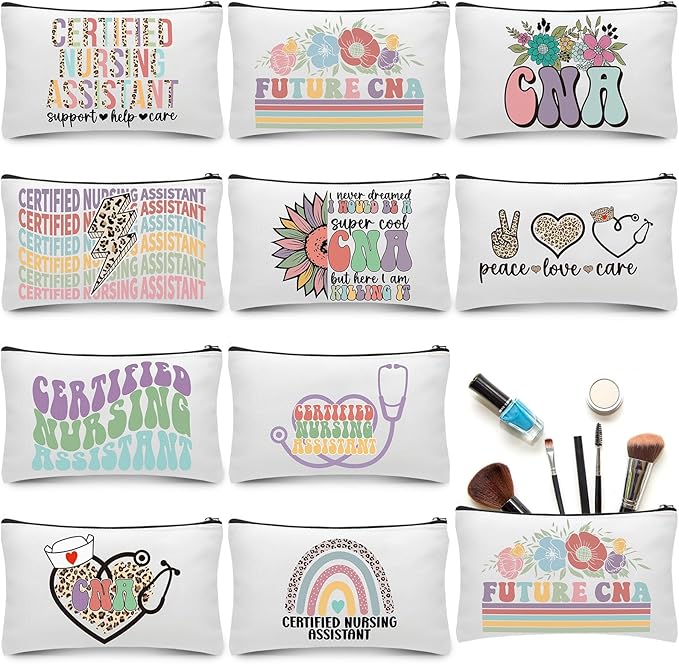 Kacctyen 10 Pcs Cna Appreciation Gifts Certified Nursing Assistant Makeup Cosmetic Canvas Cna Week Portable Pouch Bags Portable Week for Nursing