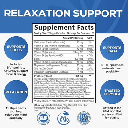 Natural Unwind, Calm, & Relax Support with Ashwagandha, GABA, Magnesium, 5-HTP, L-Theanine & B Vitamins, Natural Focus, Energy & Immune Support - Nature's Non-GMO, Vegan, Gluten Free - 60 Capsules