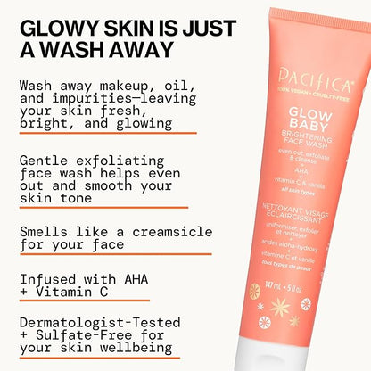 Pacifica Glow Baby Complete Skincare Set – 6 Piece Vitamin C Brightening Collection (Face Wash, Peel Pads, Booster Serum, Moisturizer, Eye Cream, Sheet Mask), 100% Vegan