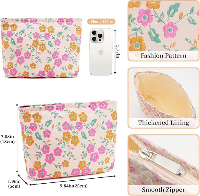 WOZEAH Floral Makeup Bag for Purse Small Cosmetic Pouch,Stylish Zipper Make up Pouch Travel Canvas Toiletry Bags(Orange Pink Flower)