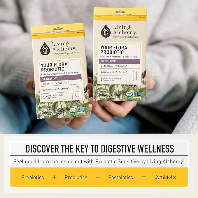 Living Alchemy Gut Health Supplements - Your Flora Probiotic Sensitive with Fermented Soybean, Lemon Balm, Peppermint, Prebiotics, Gut Cleanse Detox for Men & Women - Vegan, Non-GMO, 60 Pcs