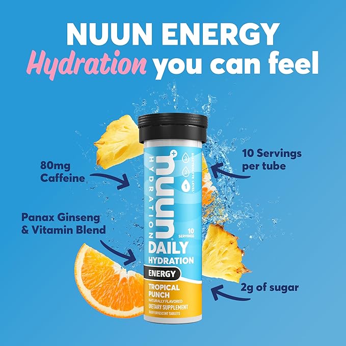 Nuun Hydration Energy Electrolyte Tablets with Caffeine, B Vitamins and Ginseng, Tropical Punch, 5 Essential Electrolytes for Hydration, Vegan, Non-GMO, 8 Pack (80 Servings)