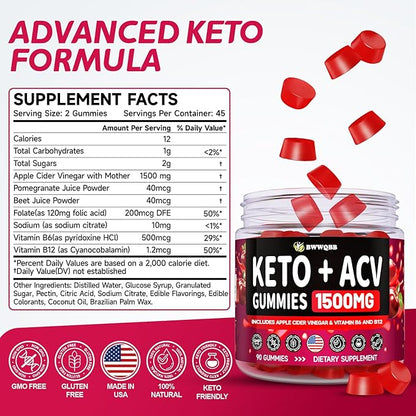 2 Pack Keto ACV Gummies Advanced Formula 1500mg, 180 Vegan Gelatin-Free Advanced Keto Acv Gummies with Pomegranate & Beetroot, Natural Ingredients, Alternative to Keto Drops