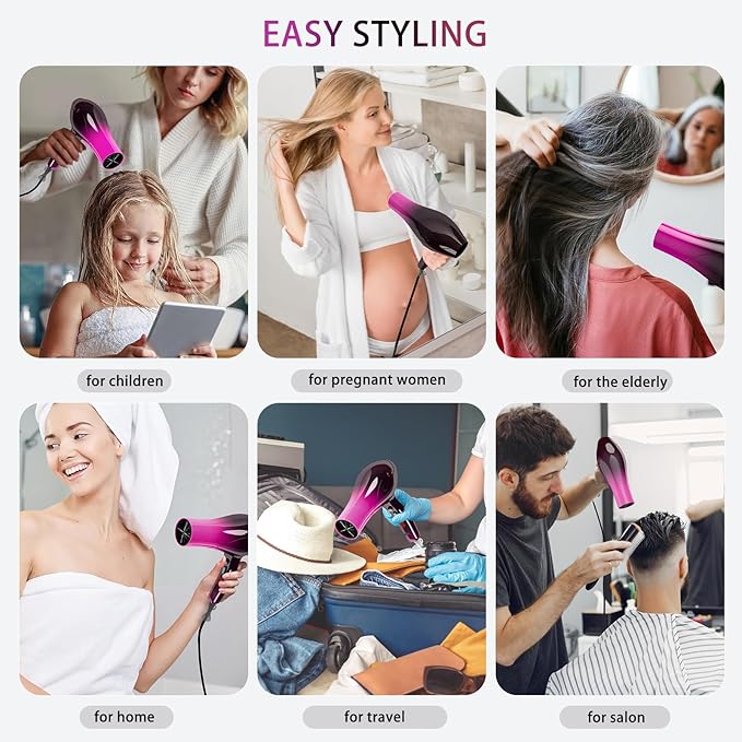 Ionic Hair Dryer,2400W Negative Ion Low Noise Hair Dryer Professional Fast Drying Hair Dryer with 2 Speeds, 3 Heat Settings, Cooling Button,with Diffuser for Curly and Straight Hair（Crimson Fade）