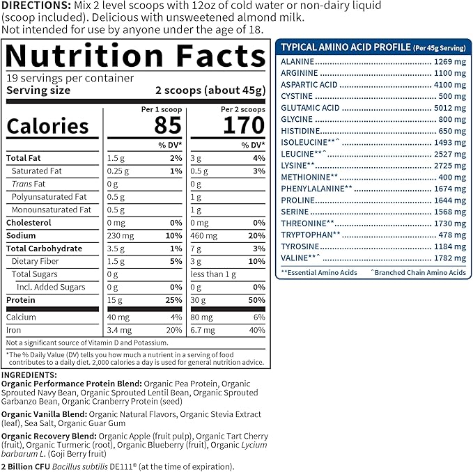Organic Vegan Protein Powder, Vanilla Protein Powder with Probiotics, BCAAs, 30g Plant Protein, NSF Certified, Gluten Free & Sport, Non GMO, Garden of Life Sport Protein Powder - 19 Servings