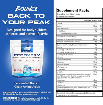 Granite Recovery for Intra & Post Workout |10g Aminos, Electrolytes, Cluster Dextrin for Muscle Recovery & Growth | Amino Acids Supplement with Sensoril | 20 Servings | Blue Crush Flavor