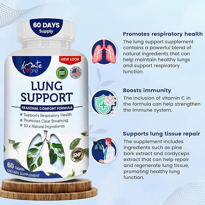Amate Life Lung Support Dietary Supplements Herbal Breathing Support 10 Active Ingredients Original Formula for Lung Health Lung Cleanse Formula Supplement for Bronchial System 60 Capsules Non GMO