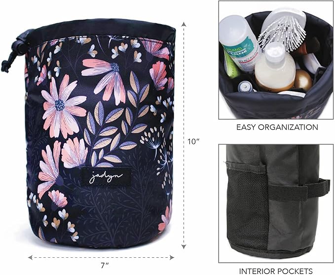 Jadyn Durable Cinch Top Makeup Organizer - Compact Travel Makeup Bag - 7 Interior Pockets for Cosmetics - Drawstring Toiletry Travel Bag for Women - 6L Storage Capacity - (Black Floral)