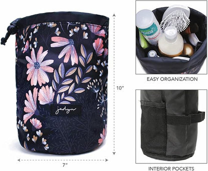 Jadyn Durable Cinch Top Makeup Organizer - Compact Travel Makeup Bag - 7 Interior Pockets for Cosmetics - Drawstring Toiletry Travel Bag for Women - 6L Storage Capacity - (Black Floral)