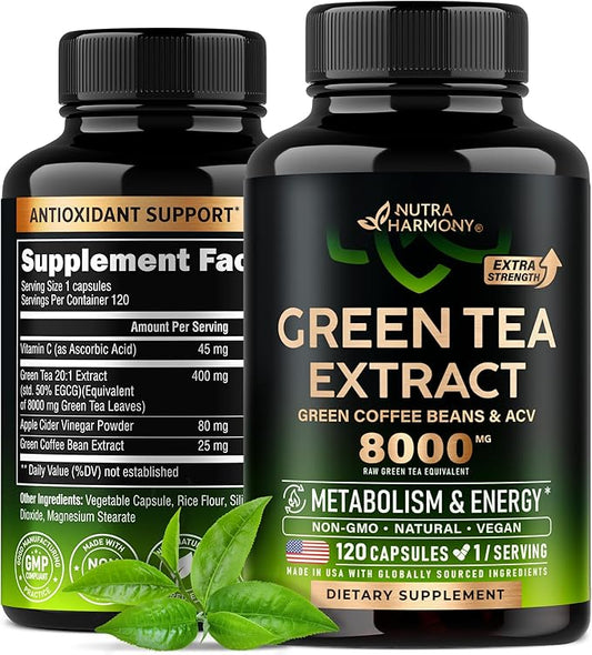 Green Tea Extract Capsules with Green Coffee Beans & Apple Cider Vinegar - Energy & Metabolism Support - Green Tea Supplement 50% EGCG - 20:1 Natural Extract - for Men & Women - 120 Vegan Capsules