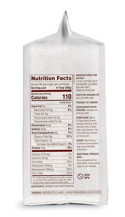 Nutiva Organic Cold-Pressed Raw Hemp Seed Protein Powder, Peak Protein, 30 Oz, USDA Organic, Non-GMO, Whole 30 Approved, Vegan, Gluten-Free & Keto, Plant Protein with Essential Amino Acids