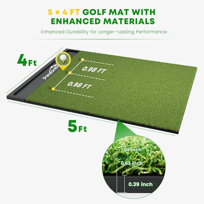 Integrated 5x4ft & 6x4ft Golf Mat with Ball Tray, Thickening Golf Mats Practice Outdoor & Indoor, Artificial Turf Matt with 3 Tees for Hitting, Driving, Chipping, Swing in Backyard, Garage or Basement